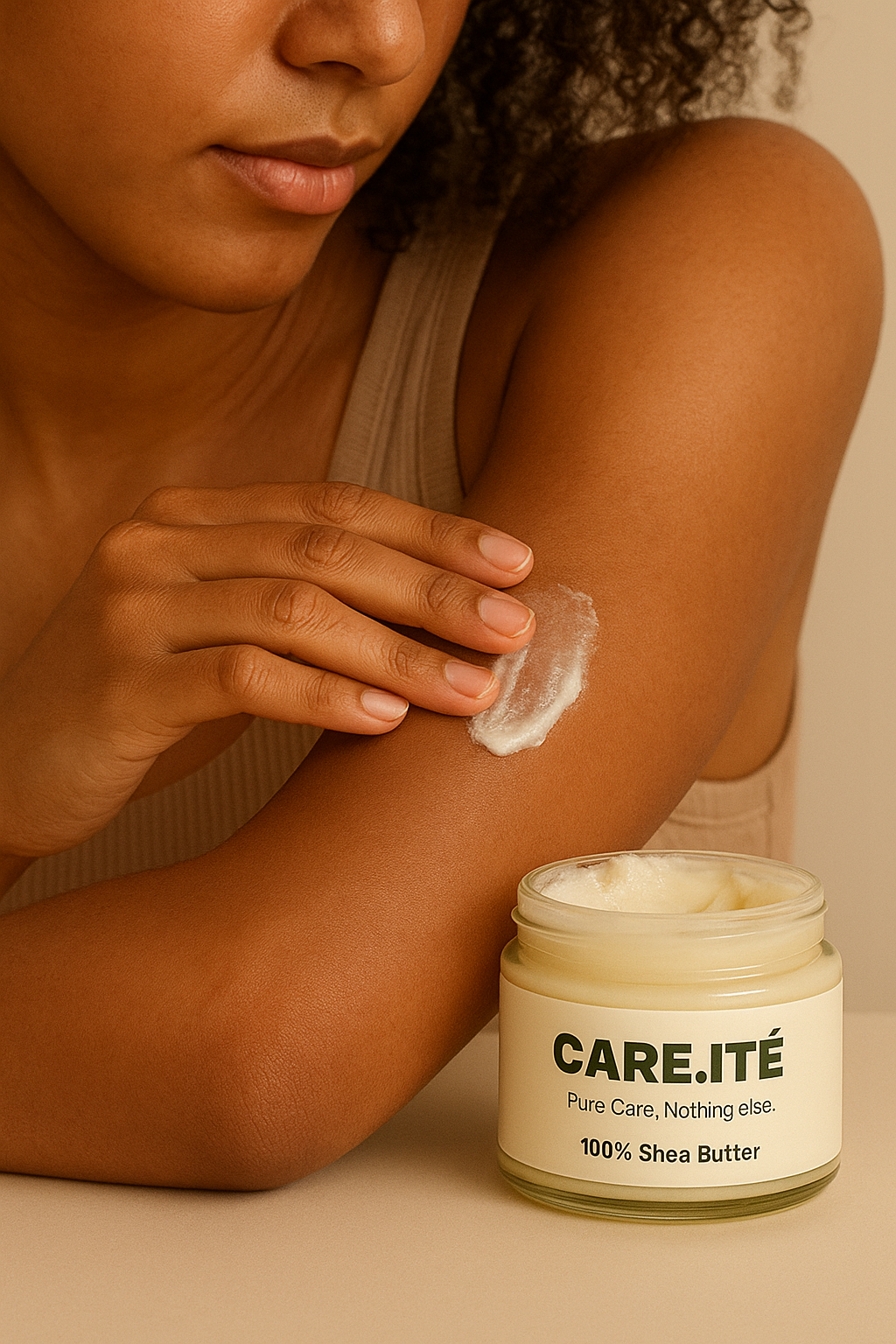 Woman applying Care.ité shea butter on her elbow for dry skin relief.