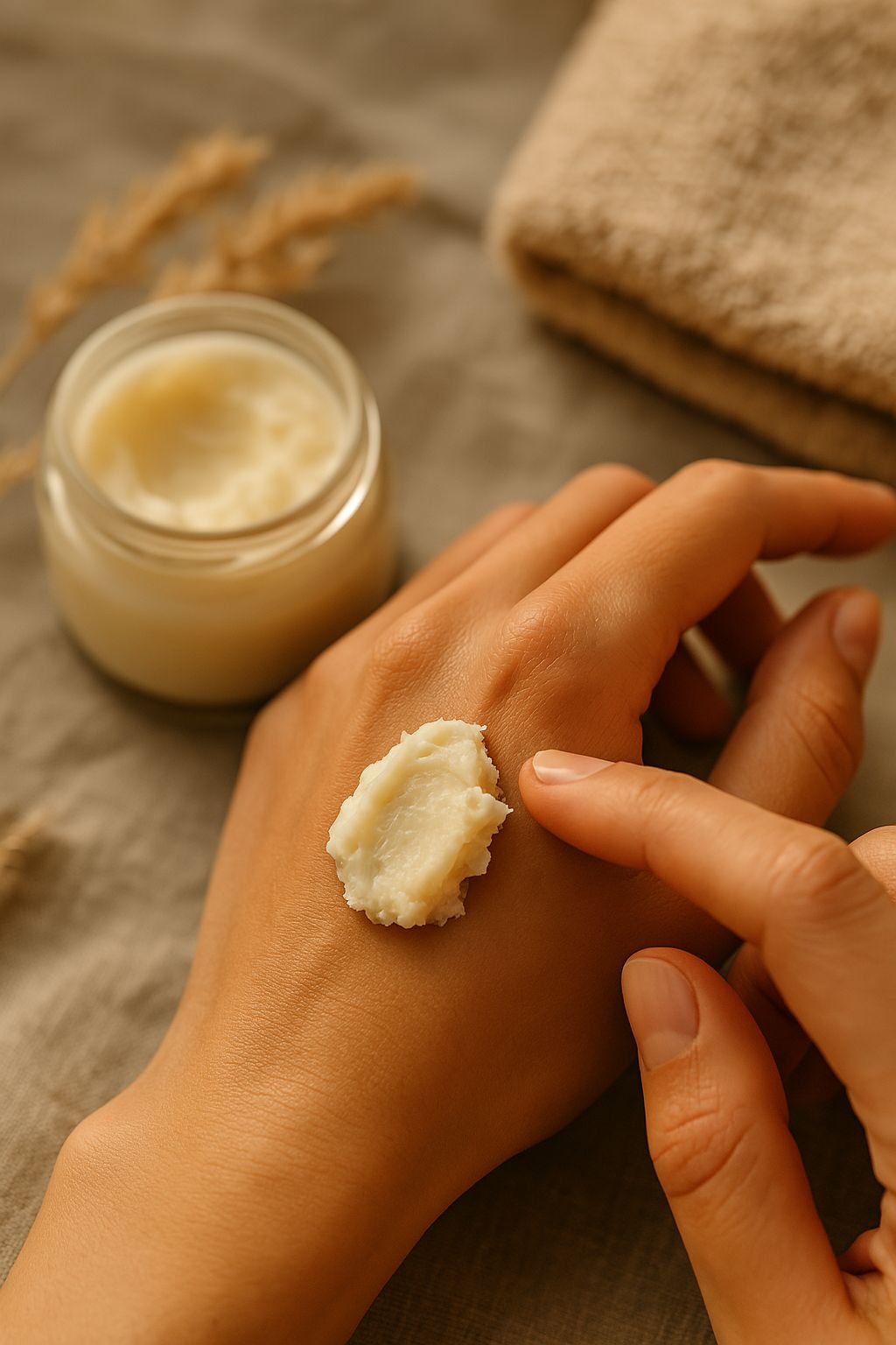 Applying shea butter to the hand, showing Care.ité’s rich, natural texture and deep hydration.