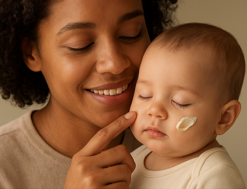 Mother applying shea butter to baby’s skin in a soft, natural light setting.