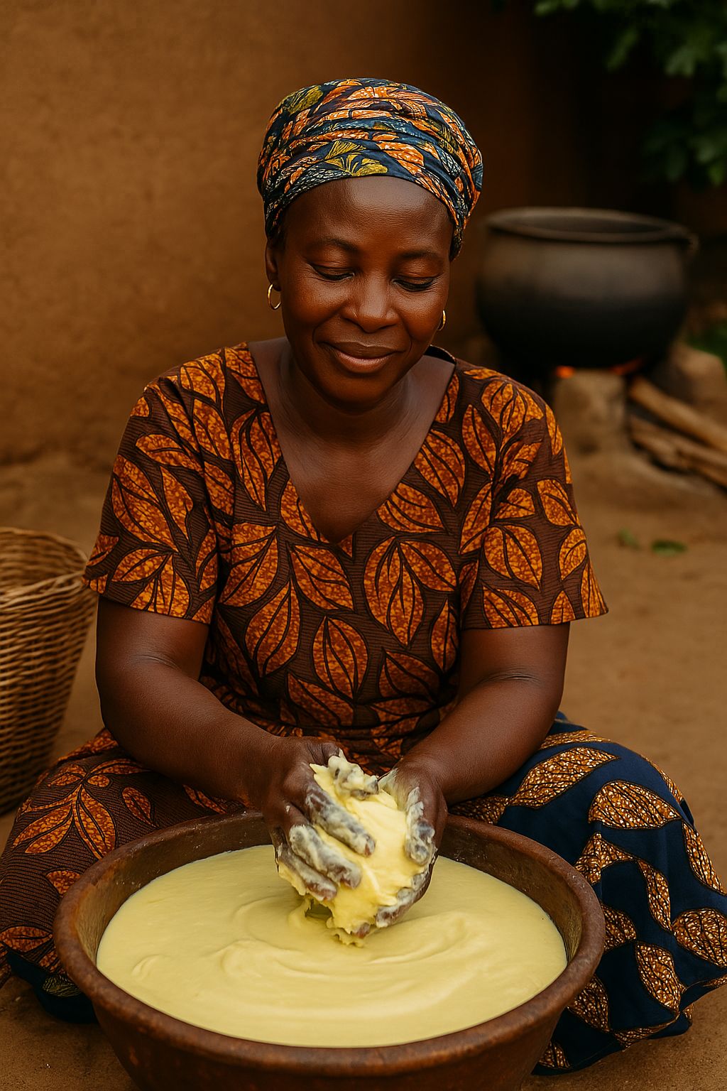 Woman handcrafting shea butter in a traditional way, symbolizing Care.ité’s natural and ethical origins.