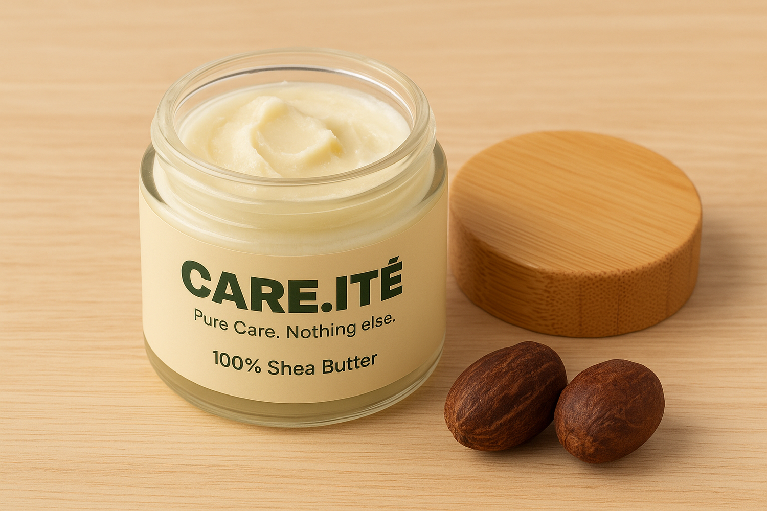 Open CARE.ITÉ 100% Shea Butter jar showing creamy texture beside shea nuts on a wooden counter.