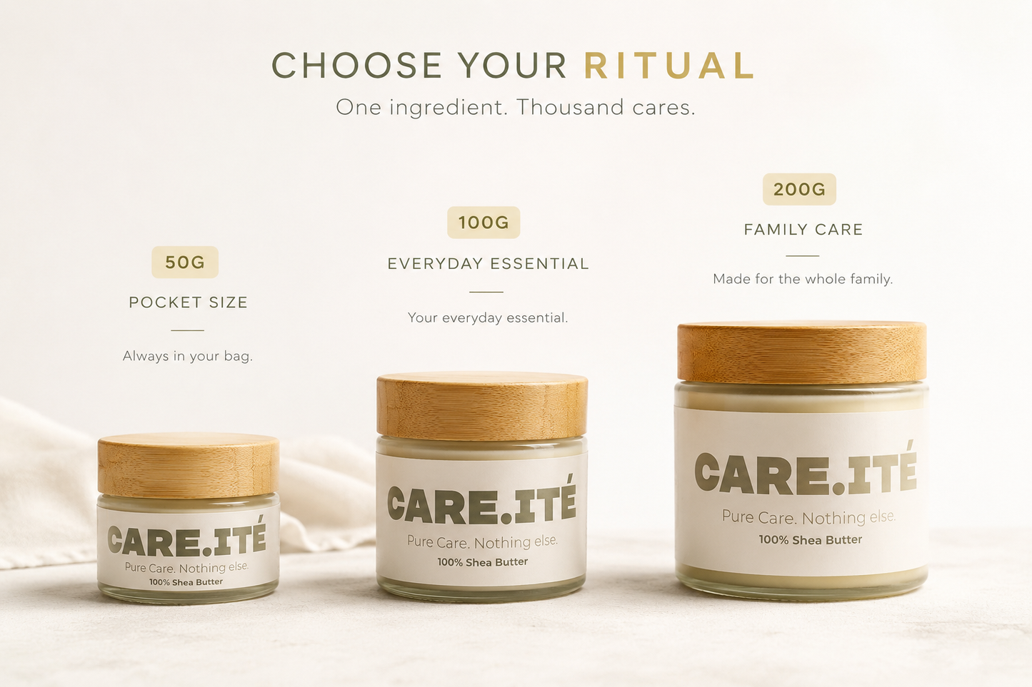 CARE.ITÉ pure shea butter in 50g, 100g and 200g premium glass jars with bamboo lids.