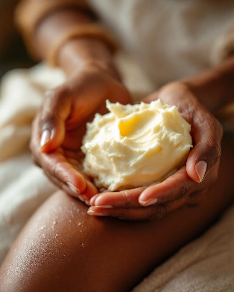 Close-up of hands holding a smooth dollop of natural shea butter, showing its rich and creamy texture.