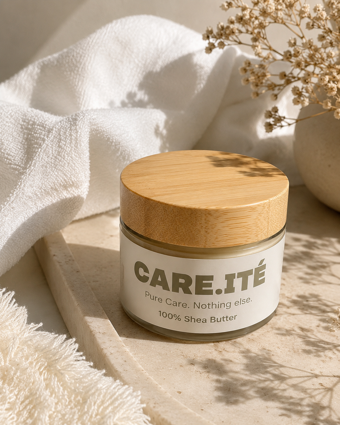 Care.ité 100% Pure Shea Butter in a glass jar with bamboo lid, photographed on a natural stone surface with soft sunlight, white towel and dried flowers. Natural skincare and clean beauty product for face, body and lips.